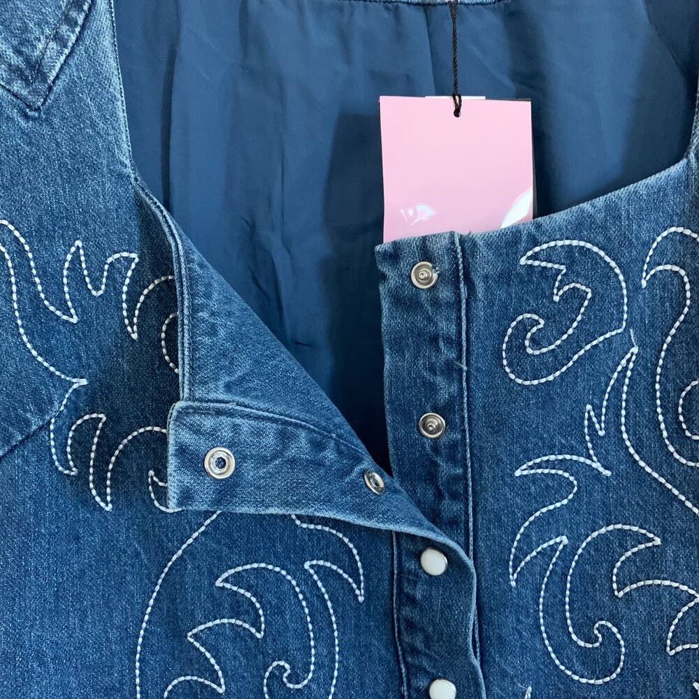 New Avec Les Filles Western Embroidered Long Sleeve Denim Rodeo Minidress Size 8 - Picture 9 of 12